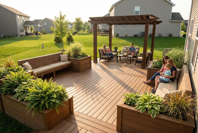 Built-in deck seating and pergola features
